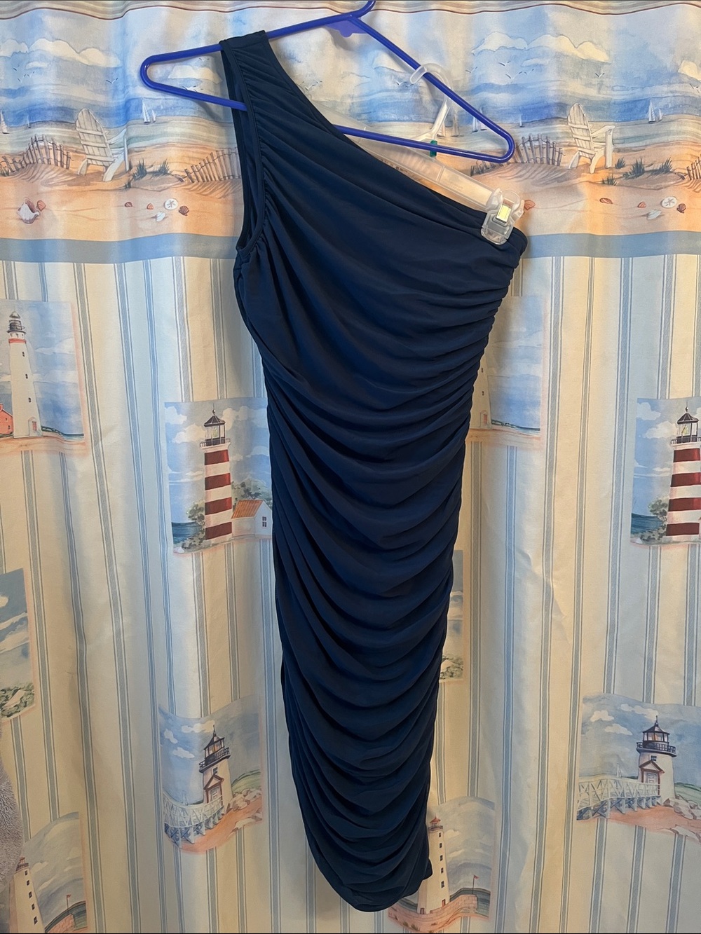 One-Shoulder Navy Ruched Cocktail Dress